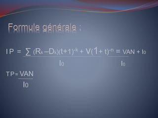 I P = ∑ (Rk –Dk)(t+1)-k + v(1+ t)-n = VAN + I0
I0 I0
TP= VAN
I0
 