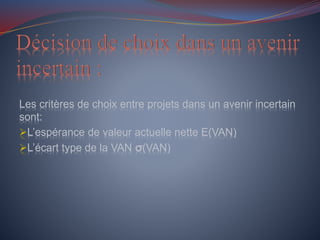 Les critères de choix entre projets dans un avenir incertain
sont:
L’espérance de valeur actuelle nette E(VAN)
L’écart type de la VAN σ(VAN)
 