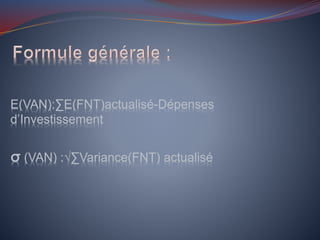 E(VAN):∑E(FNT)actualisé-Dépenses
d’Investissement
σ (VAN) :√∑Variance(FNT) actualisé
 