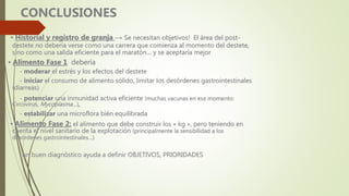 ▪ Historial y registro de granja → Se necesitan objetivos! El área del post-
destete no debería verse como una carrera que comienza al momento del destete,
sino como una salida eficiente para el maratón… y se aceptaría mejor
▪ Alimento Fase 1 debería
- moderar el estrés y los efectos del destete
- iniciar el consumo de alimento sólido, limitar los desórdenes gastrointestinales
(diarreas)
- potenciar una inmunidad activa eficiente (muchas vacunas en ese momento:
Circovirus, Mycoplasma…),
- estabilizar una microflora bién equilibrada
▪ Alimento Fase 2: el alimento que debe construir los « kg », pero teniendo en
cuenta el nivel sanitario de la explotación (principalmente la sensibilidad a los
desórdenes gastrointestinales…)
un buen diagnóstico ayuda a definir OBJETIVOS, PRIORIDADES
CONCLUSIONES
 