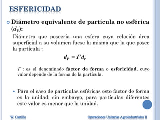 ESFERICIDAD
 Diámetro equivalente de partícula no esférica
(dP):
Diámetro que poseería una esfera cuya relación área
superficial a su volumen fuese la misma que la que posee
la partícula :
 : es el denominado factor de forma o esfericidad, cuyo
valor depende de la forma de la partícula.
 Para el caso de partículas esféricas este factor de forma
es la unidad; sin embargo, para partículas diferentes
este valor es menor que la unidad.
dP =  dr
 