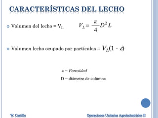 CARACTERÍSTICAS DEL LECHO
 Volumen del lecho = VL
 Volumen lecho ocupado por partículas = VL(1 - )
LD
π
VL
2
4

 = Porosidad
D = diámetro de columna
 