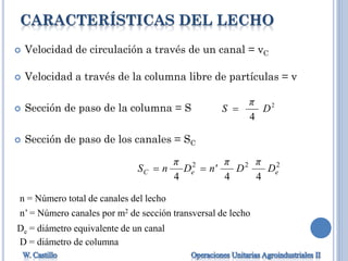 CARACTERÍSTICAS DEL LECHO
 Velocidad de circulación a través de un canal = vC
 Velocidad a través de la columna libre de partículas = v
 Sección de paso de la columna = S
 Sección de paso de los canales = SC
2
4
D
π
S 
222
444
eeC D
π
D
π
n'D
π
nS 
n’ = Número canales por m2 de sección transversal de lecho
De = diámetro equivalente de un canal
n = Número total de canales del lecho
D = diámetro de columna
 