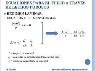 ECUACIONES PARA EL FLUJO A TRAVÉS
DE LECHOS POROSOS
 RÉGIMEN LAMINAR.
ECUACIÓN DE KOZENY-CARMAN:
 
e
C
D
vL'
ρ
P
2Re
64 2


  0

fE
ρ
P
2
4
2
C
e
f
v
D
L'
fE 
L’ = longitud de un canal
vC = Velocidad de circulación a través de un canal
De = diámetro equivalente de un canal
 
