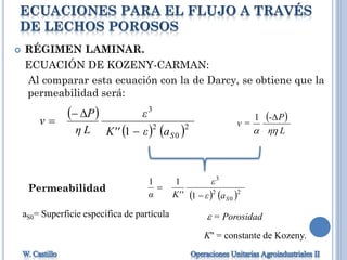 ECUACIONES PARA EL FLUJO A TRAVÉS
DE LECHOS POROSOS
 RÉGIMEN LAMINAR.
ECUACIÓN DE KOZENY-CARMAN:
Al comparar esta ecuación con la de Darcy, se obtiene que la
permeabilidad será:
Permeabilidad
   2
0
2
3
1
11
Saε
ε
K''α 

 
Lη
P-
v

1
=
 
   2
0
2
3
1 SaεK''
ε
Lη
P
v



 = PorosidadaS0= Superficie específica de partícula
K'' = constante de Kozeny.
 