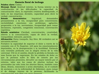 Esencia floral de lechuga Palabra clave:  Calma. Mensaje floral:  Quietud interior, la fuerza interior en la confrontación de las dificultades, la capacidad de comunicación clara, la expresión creativa desbloqueado, el éxito en las empresas; decisión, capacidad para decir la verdad, concentración. Estado desarmónico:  Inquietud; demasiados pensamientos a la vez, incapacidad para concentrarse; excitabilidad; emociones con problemas; agitación; propensión a la ira, nerviosismo, incapacidad para tomar decisiones, represión, congestión emocional, conversación repetitiva. Estado armónico:  Claridad, concentración, creatividad, abierto a la comunicación, capaz de decir la verdad, tranquilidad, tolerante, paciente. Afirmación:  Estoy tranquilo. Soy libre. Mi verdadero ser se encuentra sereno. Fortalece la capacidad de soportar el dolor a través de la conexión con el Yo Superior, útil para los emocionalmente deprimidos, en la desesperación o la inutilidad. Estimula una conexión profunda con la alegría eterna de la vida universal. Útil en el cambio, donde la pérdida es llorada con mas fuerza que la esperanza. En los estados de dolor en que la persona sufre la falta de interés por las circunstancias presentes, devuelve un mayor interés por el entorno, tales son los casos de abortos incluso los provocados (no sólo trata los abortos físicos, también trata ideas, deseos, emociones o actos abortados), en el cuidado de ancianos o en la enfermedad de Alzheimer, pues rompe el de diálogo interno de la persona, facilitando la comunicación más libre con otras personas. 