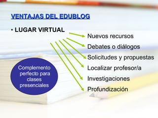 VENTAJAS DEL EDUBLOG LUGAR VIRTUAL Complemento perfecto para clases presenciales Nuevos recursos Debates o diálogos Solicitudes y propuestas Localizar profesor/a Investigaciones Profundización 