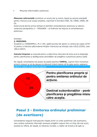 • Misiunea reformulată a plutonului
Misiunea reformulată constituie un enunţ clar şi concis, bazat pe sarcina esenţială
pentru misiune şi pe scopul acesteia, exprimat în formatul CINE, CE, CÂND, UNDE, DE
CE.
Acest enunţ devine primul alineat al estimării comandantului plutonului şi ulterior,
conţinutul paragrafului 2 – MISIUNEA – al Ordinului de Acţiune al comandantului
plutonului.
Exemplu:
2. MISIUNEA
Începînd cu 140900APR11, Pl.1 I.Mo. apără punctul de sprijin cu centrul pe copac (2757
5) pentru a interzice pătrunderea forţelor inamicului pe direcţia cota 165,8 (2359), cota
180,6 (2657).
Calculul timpului se execută pentru a determina intervalul de timp avut la dispoziţie
pentru planificarea şi desfăşurarea activităţilor de pregătire a plutonului pentru luptă.
De regulă, comandantul de pluton îşi poate planifica TIMPUL, cuprins între momentul
primirii misiunii şi cel de plecare la ofensivă (când trebuie să fie gata pentru apărare).
având în vedere următoarele aspecte:
Pasul 2 - Emiterea ordinului preliminar
(de avertizare)
Comandantul asigură instrucţiunile iniţiale printr-un ordin preliminar (de avertizare),
care conţine suficiente informaţii necesare pregătirii acţiunii într-un timp cât mai scurt;
acestea se referă, de regulă, la ridicarea muniţiei, a raţiilor de hrană şi de apă, la
 