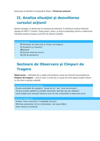 Acest pas al estimării se execută la Pasul 1-Primirea misiunii.
II. Analiza situaţiei şi dezvoltarea
cursului acţiunii
Analiza situaţiei, al doilea pas în procesul de estimare, îl constituie analiza factorilor
rămaşi din MIFT-T (inamic, forţe proprii, teren, şi timp la dispoziţie) pentru a determina
influenţa acestora asupra cursurilor de acţiune posibile.
Analiza terenului
– O (Sectoare de observare şi cîmpuri de tragere)
– C (Acoperire şi mascare)
– Obstacole
– K (Puncte cheie din teren)
– A (Căi de apropiere)
Sectoare de Observare şi Cîmpuri de
Tragere
Observarea – abilitatea de a vedea ameninţarea vizual sau folosind supravegherea.
Cîmpuri de tragere – zona în care o armă sau un grup de arme poate acoperi efectiv
cu foc dintr-o poziţie indicată.
Evaluarea îţi permite să identifici:
- Zonele potenţiale de angajare, “pungi de foc” sau “zone periculoase”;
- Terenul propice apărării şi poziţiile sistemelor speciale sau ale utilajelor;
- Unde forţele care execută manevra sunt cel mai vulnerabile la observare şi foc.
Elemente ajutătoare:
- Analiza “liniei orizontului” (vizibilităţii directe);
- Mărimea sectoarelor de foc (individuale / ale subunităţii);
- Zone văzute şi nevăzute.
 