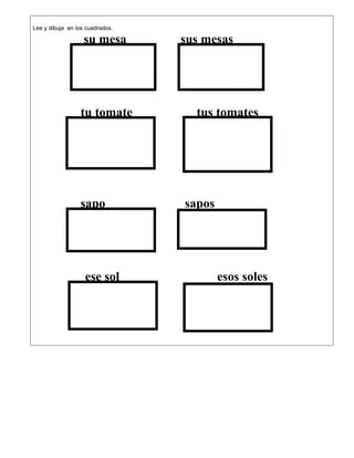 Lee y dibuja en los cuadrados.
su mesa sus mesas
tu tomate tus tomates
sapo sapos
ese sol esos soles
 