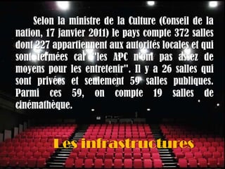 Selon la ministre de la Culture (Conseil de la
nation, 17 janvier 2011) le pays compte 372 salles
dont 227 appartiennent aux autorités locales et qui
sont fermées car "les APC n'ont pas assez de
moyens pour les entretenir". Il y a 26 salles qui
sont privées et seulement 59 salles publiques.
Parmi ces 59, on compte 19 salles de
cinémathèque.


         Les infrastructures
 