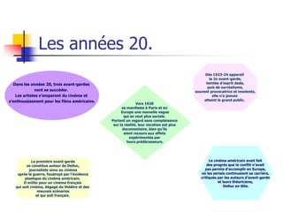 Les années 20.
                                                                                              Dès 1923-24 apparaît
                                                                                                 la 2e avant-garde,
   Dans les années 20, trois avant-gardes                                                      teintée d’esprit dada,
                                                                                                puis de surréalisme,
              vont se succéder.                                                          souvent provocatrice et insolente,
    Les artistes s’emparent du cinéma et                                                           elle n’a jamais
s’enthousiasment pour les films américains.                                                   atteint le grand public.
                                                              Vers 1928
                                                     se manifeste à Paris et en
                                                     Europe une nouvelle vague
                                                       qui se veut plus sociale.
                                               Portant un regard sans complaisance
                                                sur la réalité, leur vocation est plus
                                                      documentaire, bien qu’ils
                                                       aient recours aux effets
                                                           expérimentés par
                                                         leurs prédécesseurs.




             La première avant-garde                                                             Le cinéma américain avait fait
          se constitue autour de Delluc,                                                        des progrès que le conflit n’avait
           journaliste venu au cinéma                                                          pas permis d’accomplir en Europe,
    après la guerre, foudroyé par l’évidence                                                où les serials continuaient sa carrière,
         plastique du cinéma américain.                                                     critiqués par les auteurs d’avant-garde
        Il milite pour un cinéma français                                                             et leurs théoriciens,
   qui soit cinéma, dégagé du théâtre et des                                                              Delluc en tête.
                 mauvais scénarios
                et qui soit français.
 
