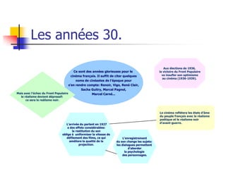 Les années 30.

                                                                                                    Aux élections de 1936,
                                         Ce sont des années glorieuses pour le                   la victoire du Front Populaire
                                       cinéma français. Il suffit de citer quelques                va insufler son optimisme
                                                                                                   au cinéma (1936-1939).
                                          noms de cinéastes de l’époque pour
                                     s’en rendre compte: Renoir, Vigo, René Clair,
                                              Sacha Guitry, Marcel Pagnol,
Mais avec l’échec du Front Populaire                Marcel Carné...
   le réalisme devient dépressif:
       ce sera le reálisme noir.



                                                                                                 Le cinéma reflétera les états d’âme
                                                                                                 du peuple français avec le réalisme
                                                                                                 poétique et le réalisme noir
                                   L’arrivée du parlant en 1927                                  d’avant-guerre.
                                    a des effets considérables:
                                       la restitution du son
                                oblige à uniformiser la vitesse de
                                   défilement des films, ce qui           L’enregistrement
                                     améliore la qualité de la       du son change les sujets:
                                            projection.              les dialogues permettent
                                                                              d’aborder
                                                                           la psychologie
                                                                          des personnages.
 