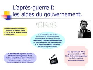 L’après-guerre I:
              les aides du gouvernement.

André Malraux devient ministre de
l’Information en charge du cinéma
à la fin de 1945, et lance une politique
d’aide au cinéma.                                            Le 26 octobre 1946 la loi portant
                                                          sur la creátion du Centre National de la
                                                        Cinématographie, paraît au Journal officiel.
                                                   Il est établi qu’il s’agira d’un établissement public
                                                      qui aidera la production et la diffusion des films.
                                                         Il est prévu qu’il sera financé par l’État et
                                                              des cotisations professionnelles.



                                                                                                               Sous la pression de la CGT, le
      En 1948 est publiée la première loi d’aide                                                                gouvernement crée en 1945
      à l’industrie cinématographique, elle est                                                             l’Union Générale Cinématographique,
   destinée aux producteurs et aux exploitants de                                                                 qui réunit producteurs,
        salles, alimentée par la Taxe Spéciale                                                                  distributeurs et exploitants.
    Additionnelle, perçue sur la vente des tickets.
 