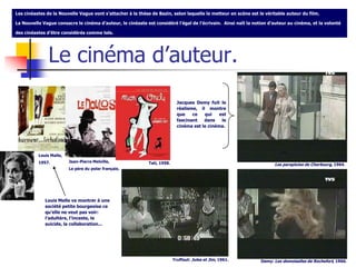 Les cinéastes de la Nouvelle Vague vont s’attacher à la thèse de Bazin, selon laquelle le metteur en scène est le véritable auteur du film.

La Nouvelle Vague consacre le cinéma d’auteur, le cinéaste est considéré l’égal de l’écrivain. Ainsi naît la notion d’auteur au cinéma, et la volonté

des cinéastes d’être considérés comme tels.




               Le cinéma d’auteur.
                                                                             Jacques Demy fuit le
                                                                             réalisme, il montre
                                                                             que    ce   qui    est
                                                                             fascinant   dans    le
                                                                             cinéma est le cinéma.




          Louis Malle,
          1957.          Jean-Pierre Melville,               Tati, 1958.                                              Les parapluies de Cherbourg, 1964.
                         Le père du polar français.




             Louis Malle va montrer à une
             société petite bourgeoise ce
             qu’elle ne veut pas voir:
             l’adultère, l’inceste, le
             suicide, la collaboration...




                                                                           Truffaut: Jules et Jim, 1961.        Demy: Les demoiselles de Rochefort, 1966.
 