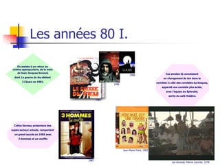 Les années 80 I.

     On assiste à un retour au
 cinéma spectaculaire, de la main
     de Jean-Jacques Annaud,                                                              Ces années-là connaissent
                                                               1988
  dont La guerre du feu obtient                                                         un changement de ton dans la
        2 Césars en 1981.                                                          comédie: à côté des comédies burlesques,
                                                   1986
                                                                                       apparaît une comédie plus acide,
                                                                                          avec l’équipe du Splendid,
                                                                                            sortie du café-théâtre.
                                            1981




  Coline Serreau présentera des
sujets sociaux actuels, remportant
  un grand succès en 1985 avec
     3 hommes et un couffin.



                                                          Jean-Marie Poiré, 1982



                                     1985
                                                                                              Les bronzés, Patrice Leconte, 1978
 