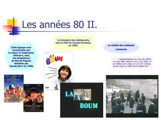 Les années 80 II.
                             Le triomphe des adolescents,
                            avec le film de Claude Pinoteau,
                                        en 1981.               La vitalité des cinéastes
   Cette époque sera
    caractérisée par                                                  consacrés.
le retour à l’inspiration
      littéraire, avec
     les adaptations                                                      L’autobiographique Au revoir les enfants,
    de Marcel Pagnol,                                              de Louis Malle, obtient le prix Louis Delluc, le
       réalisées par                                               prix Méliès de la critique, le Lion d’or à Venise,
 Claude Berri en 1986.                                             et sept Césars en 1988, dont le meilleur film.
 