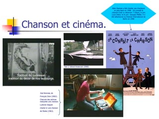 Alain Resnais a fait chanter ses chanteurs
                                                                  en play-back en 1998. On connaît la
                                                               chanson s’est vu décerner 7 Césars, le prix
                                                               Louis Delluc et le prix Georges Méliès. Il a
                                                               été sélectionné au Festival International de
                                                                              Berlin en 1998



Chanson et cinéma.



                             Taxi 2, Gérard Krawczyk (2000).




   Huit femmes, de
   François Ozon (2002).
   Chacune des actrices
   interprète une chanson.
   Ludivine Seigner
   chante ici une chanson
   de Sheila (1963).
 