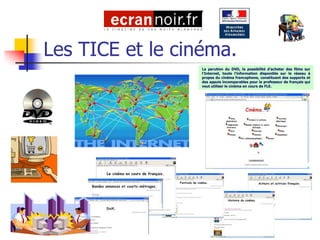 Les TICE et le cinéma.
                  La parution du DVD, la possibilité d’acheter des films sur
                  l’Internet, toute l’information disponible sur le réseau à
                  propos du cinéma francophone, constituent des supports et
                  des appuis incomparables pour le professeur de français qui
                  veut utiliser le cinéma en cours de FLE.
 