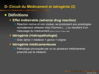 Définitions Effet indésirable  (adverse drug reaction) Réaction nocive et non voulue, se produisant aux posologies normalement utilisées chez l’homme (…) ou résultant d’un mésusage du médicament  [Décret n°278 du 13 Mars 1995] Iatrogénie (=iatropathologie) Grec  iatros =  médecin  + genos  = origine Iatrogénie médicamenteuse Pathologie provoquée par un ou plusieurs médicaments prescrits par le médecin D- Circuit du Médicament et iatrogénie (2) 