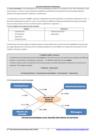 Economie Générale et Statistique
Le circuit économique est une représentation de l’activité économique qui insiste sur la circulation de flux, réels et monétaires, au sein
d’une économie ; ou encore c’est une présentation simplifiée des enchaînements économiques décrivant les grandes opérations
réalisées par les agents (production, répartition, consommation).


La représentation en terme de « marché » explicite le comportement des acteurs (production, consommation, financement, travail,…)
alors que la représentation en terme de « circuit » met en évidence les différentes relations qu’entretiennent les agents économiques
entre eux (vente de biens et services, versement de salaire, importation et exportation,…)
2-2-2 Les emplois et les ressources d’une économie
                             Emplois                                                         Ressources
        -    Consommation ;                                          -       Production Nationale ;
        -    Investissement ;                                        -       Importations.
        -    Exportation ;
        -    Variation de stock


Les Ressources sont toujours égales aux Emplois puisque ce sont les mêmes biens et services qui sont comptabilisés d’une part selon
leur origine (Ressources) et d’autre par selon leur utilisation (emplois). En cas de différence, la variation de stock permet de trouver
l’équilibre –Ressources- Emplois.


                                                       L’équilibre emplois- ressources
    La production et les importations procurent des ressources à l’économie nationale. Ces ressources sont employées de différentes
    manières : consommation, investissement, exportation,… ces différentes opérations sont des emplois.
    Toutes les ressources mises à la disposition de l’économie pendant une période déterminée (et seulement ces ressources) sont
    employées. D’où l’égalité comptable :
                                                         Production + Importations
                                                                         =
                       Consommation finale + Consommations intermédiaires + Investissement + Exportations.



2-2-3 Construction du circuit économique




2ème Bac Sciences Economiques 2011/2012                             4                larbitamnine@yahoo.fr/www.ecogestion.ma
 
