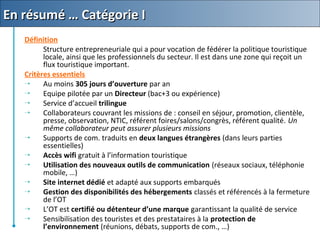 Définition
Structure entrepreneuriale qui a pour vocation de fédérer la politique touristique
locale, ainsi que les professionnels du secteur. Il est dans une zone qui reçoit un
flux touristique important.
Critères essentiels
 Au moins 305 jours d’ouverture par an
 Equipe pilotée par un Directeur (bac+3 ou expérience)
 Service d’accueil trilingue
 Collaborateurs couvrant les missions de : conseil en séjour, promotion, clientèle,
presse, observation, NTIC, référent foires/salons/congrès, référent qualité. Un
même collaborateur peut assurer plusieurs missions
 Supports de com. traduits en deux langues étrangères (dans leurs parties
essentielles)
 Accès wifi gratuit à l’information touristique
 Utilisation des nouveaux outils de communication (réseaux sociaux, téléphonie
mobile, …)
 Site internet dédié et adapté aux supports embarqués
 Gestion des disponibilités des hébergements classés et référencés à la fermeture
de l’OT
 L’OT est certifié ou détenteur d’une marque garantissant la qualité de service
 Sensibilisation des touristes et des prestataires à la protection de
l’environnement (réunions, débats, supports de com., …)
En résumé … Catégorie IEn résumé … Catégorie I
 