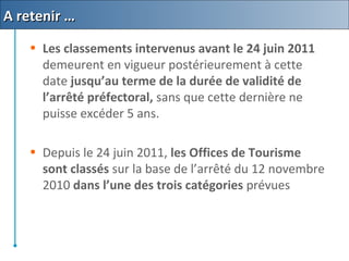 • Les classements intervenus avant le 24 juin 2011
demeurent en vigueur postérieurement à cette
date jusqu’au terme de la durée de validité de
l’arrêté préfectoral, sans que cette dernière ne
puisse excéder 5 ans.
• Depuis le 24 juin 2011, les Offices de Tourisme
sont classés sur la base de l’arrêté du 12 novembre
2010 dans l’une des trois catégories prévues
A retenir …A retenir …
 