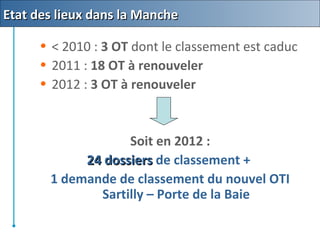 • < 2010 : 3 OT dont le classement est caduc
• 2011 : 18 OT à renouveler
• 2012 : 3 OT à renouveler
Soit en 2012 :
24 dossiers24 dossiers de classement +
1 demande de classement du nouvel OTI
Sartilly – Porte de la Baie
Etat des lieux dans la MancheEtat des lieux dans la Manche
 