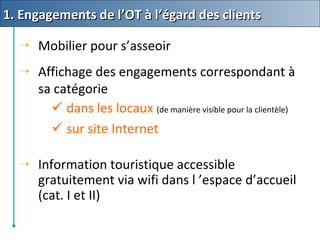  Mobilier pour s’asseoir
 Affichage des engagements correspondant à
sa catégorie
 dans les locaux (de manière visible pour la clientèle)
 sur site Internet
 Information touristique accessible
gratuitement via wifi dans l ’espace d’accueil
(cat. I et II)
1. Engagements de l’OT à l’égard des clients1. Engagements de l’OT à l’égard des clients
 