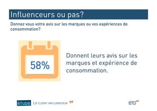 Influenceurs ou pas?
Donnez vous votre avis sur les marques ou vos expériences de
consommation?




                               Donnent leurs avis sur les
          58%                  marques et expérience de
                               consommation.




           LE CLIENT INFLUENCEUR
 
