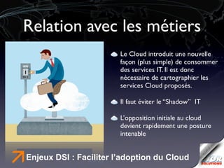 Relation avec les métiers
                             Le Cloud introduit une nouvelle
                             façon (plus simple) de consommer
                             des services IT. Il est donc
                             nécessaire de cartographier les
                             services Cloud proposés.

                             Il faut éviter le ‘‘Shadow’’ IT

                             L’opposition initiale au cloud
                             devient rapidement une posture
                             intenable



ä   Enjeux DSI : Faciliter l’adoption du Cloud
 