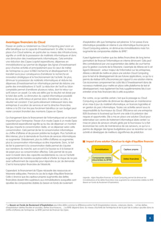 Avantages financiers du Cloud                                                          d’exploitation afin que l’entreprise soit pérenne. Si l’on passe d’une
Passer en partie ou totalement au Cloud Computing peut avoir un                        informatique possédée en interne à une informatique fournie par le
effet bénéfique sur la capacité d’investissement. En effet, la mise en                 Cloud Computing externe, on diminue les immobilisations mais l’on
place d’un Cloud externe, en particulier au niveau des infrastructures,                augmente les composantes stables du BFRE*.
signifie un arrêt de la possession de matériels informatiques et donc
une diminution des investissements informatiques. Cela entraîne                        Il peut également s’avérer que les dettes financières de long terme
une réduction des Capex (capital expenditures, dépenses en                             permettant de financer l’informatique en interne diminuent. Cela peut
immobilisations) qui permet de dégager des lignes d’investissement                     être contrebalancé par une augmentation des dettes de court terme
pour d’autres activités et principalement pour le cœur de métier                       pour la gestion courante de la trésorerie. L’exemple de Altares est à cet
de l’entreprise ou pour la R&D (recherche et développement). Ce                        égard intéressant : acteur majeur de l’information sur les entreprises,
transfert aura pour conséquence d’améliorer la recherche en                            Altares a décidé de mettre en place une solution Cloud Computing
innovation stratégique et le fonctionnement de l’activité. De plus,                    pour le test et le développement de ses futures applications, ce qui lui a
diminuer la possession de matériels informatiques et réduire les                       permis de réaliser 60% d’économies par rapport à une solution interne.
dépenses d’investissement en informatique permet de réduire une                        Ces économies comprennent les coûts liés à l’investissement dans de
partie des immobilisations à l’actif. La réduction de l’actif au bilan                 nouveaux matériels pour mettre en place cette plateforme de test et
comptable permet d’améliorer plusieurs ratios, dont le retour sur                      développement, mais également les frais supplémentaires liés à son
actif (return on asset). Ce ratio est défini par le résultat net divisé par            entretien et les frais financiers liés à cette acquisition.
le total des actifs. La diminution du capital informatique possédé
diminue les actifs totaux et permet donc d’améliorer ce ratio, à                       Par contre, ce qui semble certain c’est que le passage au Cloud
résultat net constant. C’est particulièrement intéressant dans des                     Computing va permettre de diminuer les dépenses en maintenance
entreprises à vocation de services et sert la direction financière,                    et en mise à jour du matériel informatique, en licences logicielles et
même si la DSI n’en tire pas forcément bénéfice car son budget peut                    en gestion du parc informatique. Toutes ces activités seront sous la
rester constant (transfert des montants Capex en Opex).                                responsabilité du fournisseur du Cloud. EffiScience est une entreprise
                                                                                       B2B (business to business) qui fournit une aide à la prévision des
Ce changement dans le financement de l’informatique est un tournant                    risques et opportunités. Elle a mis en place une solution Cloud pour
important pour l’entreprise. Passer d’un mode Capex à un mode Opex                     externaliser son centre de traitement informatique (data center). La
(operational expenditures) signifie qu’au lieu de dépenser un montant                  mise en place de serveurs virtuels gérés par le fournisseur lui a fait
fixe peu importe la consommation réelle, on va dépenser selon cette                    économiser les coûts de maintenance de ces serveurs, ce qui lui a
consommation. Cela permet de lier la consommation informatique                         permis de dégager des lignes budgétaires pour se recentrer sur son
au chiffre d’affaires et de pouvoir prédire les budgets. Plus l’activité va            activité et développer de meilleurs algorithmes de prédiction.
être intense, plus la demande en fourniture de services informatiques
va augmenter. Globalement, plus le chiffre d’affaires va augmenter,
plus la consommation informatique va être importante. Donc, le fait                        Impact d’une solution Cloud sur la règle d’équilibre financier
de lier le paiement à la consommation réelle permet de s’ajuster
aux variations du marché, que ce soit à la hausse ou à la baisse et                                   Immobilisations                    Capitaux propres
de payer pour sa consommation effective. Cela permet de ne pas
avoir à investir dans des capacités excédentaires au cas où l’activité
augmenterait de manière exceptionnelle et d’éviter le risque de ne pas                             Composantes stables
                                                                                                                                         Dettes financières
                                                                                                  (récurrentes) du BFRE
avoir suffisamment de capacités pour répondre au pic de demande.
C’est la transcription financière de l’élasticité.

Cependant, le financement de l’Opex nécessite des ressources en
trésorerie adéquates. Prenons le cas de la règle d’équilibre financier.
Celle-ci énonce que les capitaux propres augmentés des dettes                          Légende : règle d’équilibre financier. Le Cloud Computing permet de diminuer les
financières doivent être supérieurs aux immobilisations auxquelles sont                immobilisations et les dettes financières mais augmente les composantes stables du BFRE
ajoutées les composantes stables du besoin en fonds de roulement                       (Besoin en Fonds de Roulement d’Exploitation).




* Le Besoin en Fonds de Roulement d’Exploitation peut être défini comme la différence entre l’actif d’exploitation (stocks, créances clients,…) et les dettes
d’exploitation (dettes fiscales et sociales, dettes fournisseurs,…) Le BFRE dépend donc du niveau d’activité de l’entreprise et de la part de la valeur ajoutée dans le
chiffre d’affaires de l’entreprise. Le BFRE permet de financer les Opex.


                                                                                                                                                                         5
 