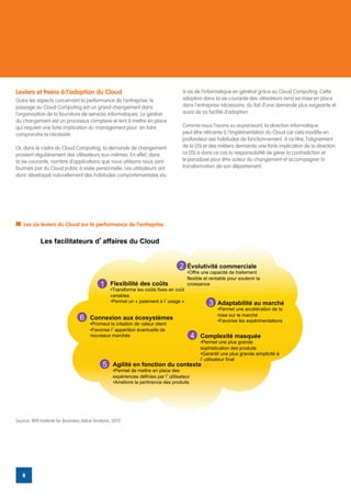 Leviers et freins à l’adoption du Cloud                                             à-vis de l’informatique en général grâce au Cloud Computing. Cette
Outre les aspects concernant la performance de l’entreprise, le                     adoption dans la vie courante des utilisateurs rend sa mise en place
passage au Cloud Computing est un grand changement dans                             dans l’entreprise nécessaire, du fait d’une demande plus exigeante et
l’organisation de la fourniture de services informatiques. La gestion               aussi de sa facilité d’adoption.
du changement est un processus complexe et lent à mettre en place
qui requiert une forte implication du management pour en faire                      Comme nous l’avons vu auparavant, la direction informatique
comprendre la nécessité.                                                            peut être réticente à l’implémentation du Cloud car cela modifie en
                                                                                    profondeur ses habitudes de fonctionnement. A ce titre, l’alignement
Or, dans le cadre du Cloud Computing, la demande de changement                      de la DSI et des métiers demande une forte implication de la direction.
provient régulièrement des utilisateurs eux-mêmes. En effet, dans                   La DSI a dans ce cas la responsabilité de gérer la contradiction et
la vie courante, nombre d’applications que nous utilisons nous sont                 le paradoxe pour être acteur du changement et accompagner la
fournies par du Cloud public à visée personnelle. Les utilisateurs ont              transformation de son département.
donc développé naturellement des habitudes comportementales vis-




                                      Les six leviers du Cloud sur la performance de
                                                        l entreprise
    Les six leviers du Cloud sur la performance de l’entreprise


            Les facilitateurs d affaires du Cloud


                                                                                   2   Évolutivité commerciale
                                                                                       •Offre une capacité de traitement
                                                                                       flexible et rentable pour soutenir la
                                            1    Flexibilité des coûts                 croissance
                                                 •Transforme les coûts fixes en coût
                                                 variables
                                                 •Permet un « paiement à l usage »
                                                                                                   3   Adaptabilité au marché
                                                                                                       •Permet une accélération de la
                                                                                                       mise sur le marché
                                 6    Connexion aux écosystèmes                                        •Favorise les expérimentations
                                      •Promeut la création de valeur client
                                      •Favorise l apparition éventuelle de
                                      nouveaux marchés                                     4   Complexité masquée
                                                                                               •Permet une plus grande
                                                                                               sophistication des produits
                                                                                               •Garantit une plus grande simplicité à
                                                                                               l utilisateur final
                                             5    Agilité en fonction du contexte
                                                  •Permet de mettre en place des
                                                  expériences définies par l utilisateur
                                                  •Améliore la pertinence des produits




Source: IBM Institute for Business Value Analysis, 2012




   8
 
