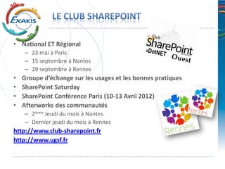• National ET Régional
    – 23 mai à Paris
    – 15 septembre à Nantes
    – 29 septembre à Rennes
•   Groupe d’échange sur les usages et les bonnes pratiques
•   SharePoint Saturday
•   SharePoint Conférence Paris (10-13 Avril 2012)
•   Afterworks des communautés
    – 2ième Jeudi du mois à Nantes
    – Dernier jeudi du mois à Rennes
http://www.club-sharepoint.fr
http://www.ugsf.fr
 