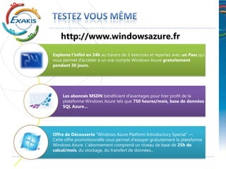 http://www.windowsazure.fr
Explorez l’infini en 24h au travers de 3 exercices et repartez avec un Pass qui
vous permet d’accéder à un vrai compte Windows Azure gratuitement
pendant 30 jours.




     Les abonnés MSDN bénéficient d’avantages pour tirer profit de la
     plateforme Windows Azure tels que 750 heures/mois, base de données
     SQL Azure…




Offre de Découverte “Windows Azure Platform Introductory Special” —
Cette offre promotionnelle vous permet d'essayer gratuitement la plateforme
Windows Azure. L'abonnement comprend un niveau de base de 25h de
calcul/mois, du stockage, du transfert de données...
 