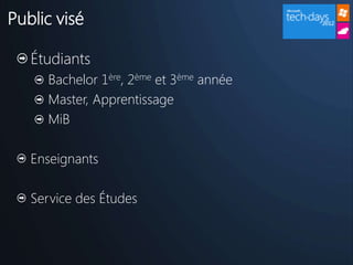 Public visé

   Étudiants
     Bachelor 1ère, 2ème et 3ème année
     Master, Apprentissage
     MiB

   Enseignants

   Service des Études
 