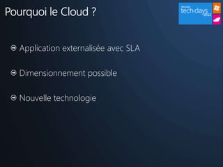Pourquoi le Cloud ?


   Application externalisée avec SLA

   Dimensionnement possible

   Nouvelle technologie
 