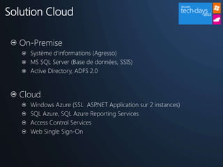 Solution Cloud

  On-Premise
     Système d’informations (Agresso)
     MS SQL Server (Base de données, SSIS)
     Active Directory, ADFS 2.0


  Cloud
     Windows Azure (SSL ASP  .NET Application sur 2 instances)
     SQL Azure, SQL Azure Reporting Services
     Access Control Services
     Web Single Sign-On
 