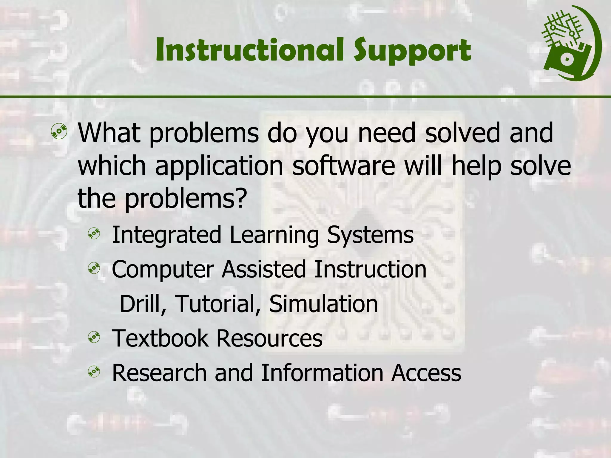Instructional Support What problems do you need solved and which application software will help solve the problems? Integrated Learning Systems Computer Assisted Instruction Drill, Tutorial, Simulation Textbook Resources Research and Information Access 