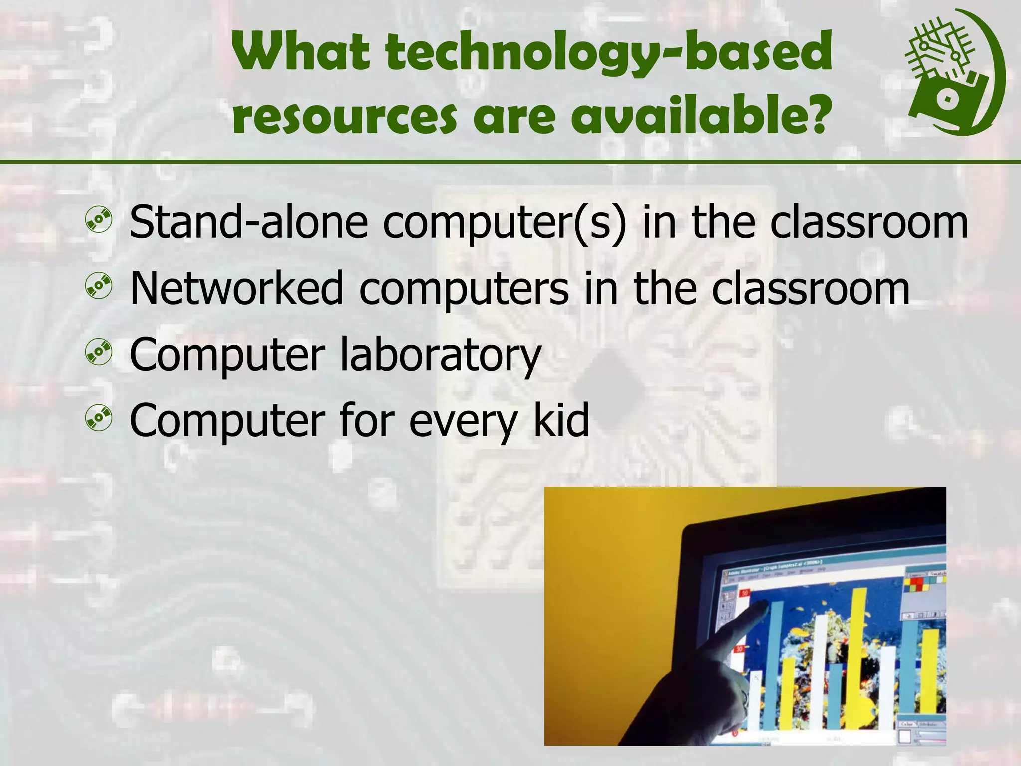 What technology-based resources are available? Stand-alone computer(s) in the classroom Networked computers in the classroom Computer laboratory Computer for every kid 