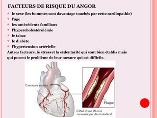 FACTEURS DE RISQUE DU ANGOR
 le sexe (les hommes sont davantage touchés par cette cardiopathie)
 l'âge
 les antécédents familiaux
 l'hypercholestérolémie
 le tabac
 le diabète
 l'hypertension artérielle
Autres facteurs, le stresset la sédentarité qui sont bien établis mais
qui posent le problème de leur mesure qui est difficile.
 