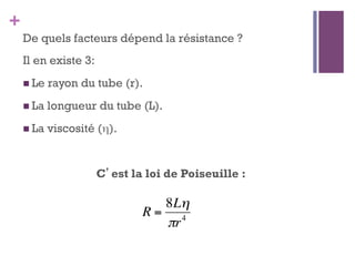 +
De quels facteurs dépend la résistance ?
Il en existe 3:
 Le rayon du tube (r).
 La longueur du tube (L).
 La viscosité (η).
C’est la loi de Poiseuille :
R =
8Lη
πr4
 