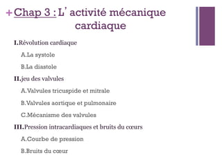 +Chap 3 : L’activité mécanique
cardiaque
I.Révolution cardiaque
A.La systole
B.La diastole
II.jeu des valvules
A.Valvules tricuspide et mitrale
B.Valvules aortique et pulmonaire
C.Mécanisme des valvules
III.Pression intracardiaques et bruits du cœurs
A.Courbe de pression
B.Bruits du cœur
 
