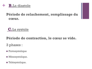 + B.La diastole
Période de relachement, remplissage du
cœur.
C.La systole
Période de contraction, le cœur se vide.
3 phases :
  Protosystolique
  Mésosystolique.
  Télésystolique.
 