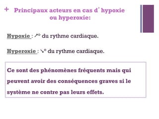 + Principaux acteurs en cas d’hypoxie
ou hyperoxie:
Hypoxie : ° du rythme cardiaque.
Hyperoxie : ° du rythme cardiaque.
Ce sont des phénomènes fréquents mais qui
peuvent avoir des conséquences graves si le
système ne contre pas leurs effets.
 