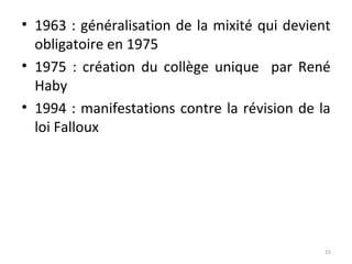 • 1963 : généralisation de la mixité qui devient
obligatoire en 1975
• 1975 : création du collège unique par René
Haby
• 1994 : manifestations contre la révision de la
loi Falloux

15

 