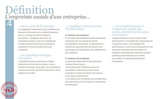 Définition entreprise…
L’empreinte sociale d’une
   4           …est au cœur de la stratégie
               La stratégie de l’entreprise est une mobilisation de
                                                                       … s’applique à deux terrains
                                                                       d’intervention:
                                                                                                                                … est complémentaire à
                                                                                                                                l’empreinte sociale des
               femmes et d’hommes vers un objectif à atteindre,                                                                 autres entreprises du même
               dans un contexte socio-économique en                    À l’intérieur de l’entreprise                            écosystème
               mouvement. L’intégration des leviers de                 C’est l’impact des politiques sociales menées par        Chaque entreprise n’a pas vocation à être
               l’empreinte sociale au cœur de la stratégie de          l’entreprise pour ses salariés en termes                 performante sur l’ensemble des composantes de
               l’entreprise libère de nouveaux potentiels de           d’employabilité, de diversité, d’organisation du         l’empreinte sociale. Une entreprise très
               croissance et renforce la performance de                travail et plus généralement des moyens de la            performante sur l’une de ses composantes en fait
               l’entreprise.                                           performance mis à disposition des collaborateurs         bénéficier l’ensemble de l’écosystème. En
                                                                       par l’entreprise.                                        agrégeant l’ensemble des empreintes sociales
               … est spécifique à chaque                                                                                        spécifiques des entreprises d’un même
               entreprise                                              À l’extérieur de l’entreprise                            écosystème, on impacte favorablement
               L’empreinte sociale est spécifique à chaque             L’empreinte sociale externe des entreprises              l’écosystème.
               entreprise en fonction de son secteur, de son           s’exerce à deux niveaux :
               modèle économique, de sa taille, de sa stratégie de     • Les politiques de l’entreprise envers son
               croissance et de son périmètre d’intervention (local,   écosystème contractuel qui visent à faire
               régional ou mondial).                                   progresser ce réseau de clients, fournisseurs,
                                                                       sous-traitants et partenaires
                                                                       • Les initiatives de l’entreprise vers la société dans
                                                                       son ensemble qui visent à impacter l’écosystème
                                                                       favorablement.
       ectif



V1.3
     ll
Le co
 