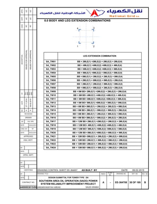 8.0 BODY AND LEG EXTENSION COMBINATIONS
4 3
1 2
NO.
A
A
BY
BY
BY
DATE
DRAWING CONTROL SHEET EE-364657 AS BUILT BY DATE 09.02.2015
BY INDEX
PLANT
NO.
REV. NO.
DATE
AINDAR/HAWIYAH AREAS
SA_TW22 BB + 12M BE+ 2MLE(1) + 8MLE(2) + 8MLE(3) + 2MLE(4)
SA_TW23 BB + 12M BE+ 2MLE(1) + 2MLE(2) + 8MLE(3) + 8MLE(4)
SA_TW24 BB + 12M BE+ 8MLE(1) + 8MLE(2) + 2MLE(3) + 2MLE(4)
BB + 12M BE+ 4MLE(1) +4MLE(2) +4MLE(3) + 4MLE(4)
SA_TW19 BB + 12M BE+ 6MLE(1) +6MLE(2) +6MLE(3) + 6MLE(4)
SA_TW20 BB + 12M BE+ 8MLE(1) +8MLE(2) + 8MLE(3) + 8MLE(4)
SA_TW21 BB + 12M BE+ 8MLE(1) + 2MLE(2) + 2MLE(3) + 8MLE(4)
BB + 6M BE+ 8MLE(1) +8MLE(2) + 8MLE(3) + 8MLE(4)
SA_TW13 BB + 6M BE+ 8MLE(1) + 2MLE(2) + 2MLE(3) + 8MLE(4)
SA_TW14 BB + 6M BE+ 2MLE(1) + 8MLE(2) + 8MLE(3) + 2MLE(4)
BB + 6M BE+ 2MLE(1) +2MLE(2) + 2MLE(3) + 2MLE(4)
SA_TW10 BB + 6M BE+ 4MLE(1) +4MLE(2) +4MLE(3) + 4MLE(4)
SA_TW11 BB + 6M BE+ 6MLE(1) +6MLE(2) +6MLE(3) + 6MLE(4)
CERT.
UC
UC
APPD.
UC
UC
CHKD.
RT
RT
DESCRIPTION
ISSUEDFORAPPROVAL
ISSUEDFORAPPROVAL
LEG EXTENSION COMBINATION
SA_TW01 BB + 2MLE(1) +2MLE(2) + 2MLE(3) + 2MLE(4)
SA_TW02 BB + 4MLE(1) +4MLE(2) +4MLE(3) + 4MLE(4)
SA_TW03 BB + 6MLE(1) +6MLE(2) +6MLE(3) + 6MLE(4)
SA_TW04 BB + 8MLE(1) +8MLE(2) + 8MLE(3) + 8MLE(4)
BY
SJL/
SRC
SJL/
SRC
SA_TW09
SA_TW05 BB + 8MLE(1) + 2MLE(2) + 2MLE(3) + 8MLE(4)
SA_TW06 BB + 2MLE(1) + 8MLE(2) + 8MLE(3) + 2MLE(4)
SA_TW07 BB + 2MLE(1) + 2MLE(2) + 8MLE(3) + 8MLE(4)
SA_TW08 BB + 8MLE(1) + 8MLE(2) + 2MLE(3) + 2MLE(4)
DATE
27.11.2014
09.02.2015
SA_TW12
REVISIONS
DRAWN
SJL/ SRC
DATE 09.02.2015
SA_TW15 BB + 6M BE+ 2MLE(1) + 2MLE(2) + 8MLE(3) + 8MLE(4)
SA_TW16 BB + 6M BE+ 8MLE(1) + 8MLE(2) + 2MLE(3) + 2MLE(4)
SA_TW17 BB + 12M BE+ 2MLE(1) +2MLE(2) + 2MLE(3) + 2MLE(4)
SA_TW18
CHKD. BY RT
DATE 09.02.2015
APPROVED
ENG. DEPT.
DATE
OPRG. DEPT.
CERTIFIED
DRAWING TITLE DRAWING NO SHT. NO.
BCONTRACT NO.
SOUTHERN AREA OIL OPERATION (SAOO) POWER
SYSTEM RELIABILITY IMPROVEMENT PROJECT
EE-364708 38 OF 189
4400003815/00 SAUDI ARABIA
DESIGN SUBMITTAL FOR TOWER TYPE - SA
A -
 