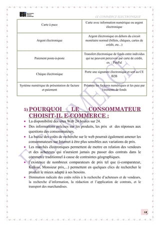 LE COMMERCE ELECTRONIQUE
12
5) POURQUOI LE CONSOMMATEUR
CHOISIT-IL E-COMMERCE :
 La disponibilité des sites Web 24 heures sur 24.
 Des informations précises sur les produits, les prix et des réponses aux
questions des consommateurs.
 La baisse des coûts de recherche sur le web pourrait également amener les
consommateurs sur Internet à être plus sensibles aux variations de prix.
 Les marchés électroniques permettent de mettre en relation des vendeurs
et des acheteurs qui n'auraient jamais pu passer des contrats dans le
commerce traditionnel à cause de contraintes géographiques.
 l’existence de nombreux comparateurs de prix tel que (i-comparateur,
Kelkoo, Monsieur prix,...) permettent en quelques clics de rechercher le
produit le mieux adapté à ses besoins.
 Diminution radicale des coûts reliés à la recherche d’acheteurs et de vendeurs,
la recherche d’information, la rédaction et l’application de contrats, et le
transport des marchandises.
Carte à puce
Carte avec information numérique ou argent
électronique
Argent électronique
Argent électronique en dehors du circuit
monétaire normal (billets, chèques, cartes de
crédit, etc...)
Paiement poste-à-poste
Transfert électronique de fonds entre individus
qui ne peuvent percevoir par carte de crédit,
ex. : PayPal
Chèque électronique
Porte une signature électronique et sert au CE
B2B
Système numérique de présentation de facture
et paiement
Présente les factures numériques et les paie par
virements de fonds
 