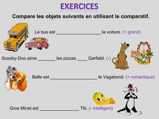 Compare les objets suivants en utilisant le comparatif.  Le bus est __________________ la voiture.  (+ grand) Scooby-Doo aime _______ les pizzas ____ Garfield.  (-)   Belle est ___________________ le Vagabond.  (= romantique)  Gros Minet est ________________ Titi.  (- intelligent)  